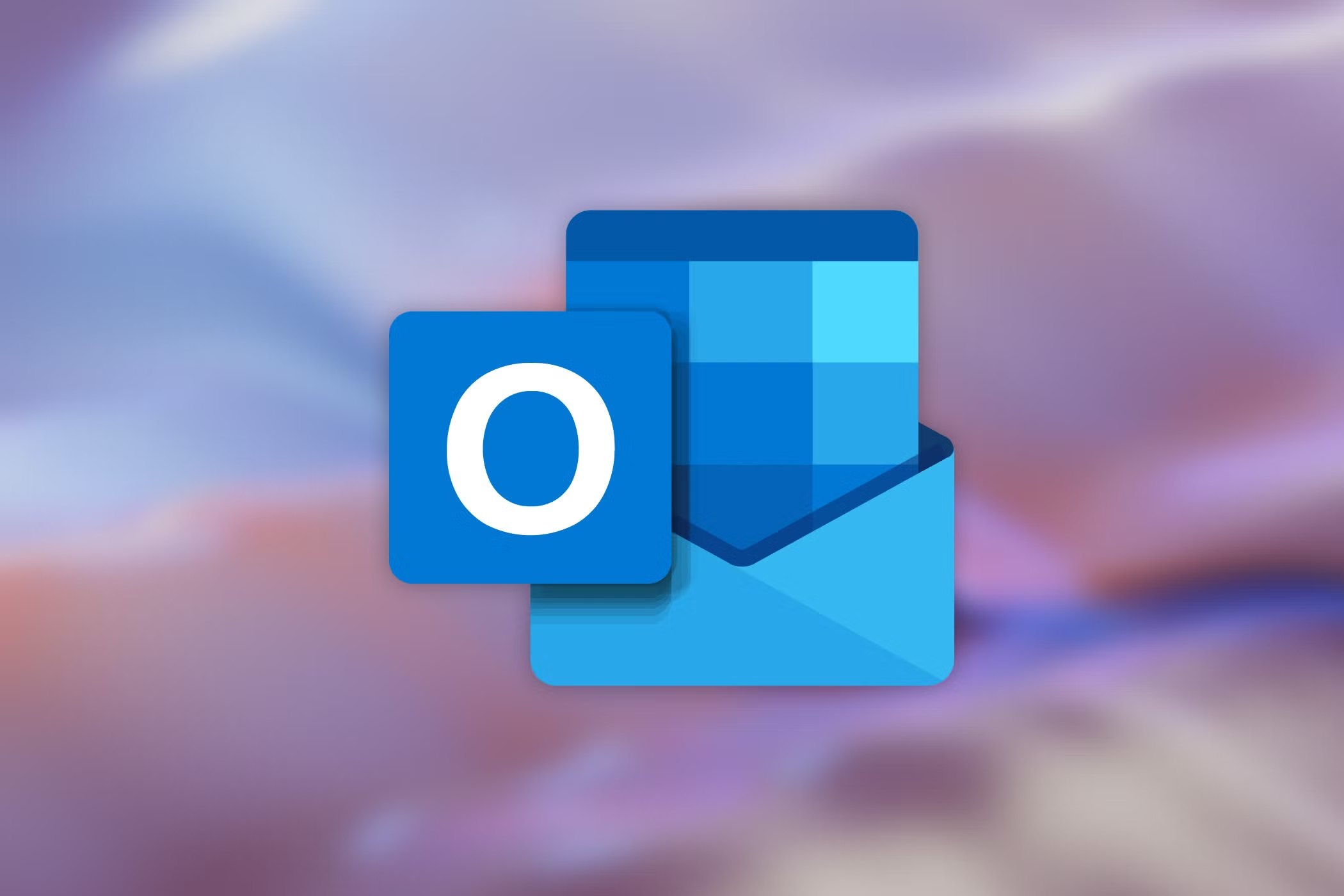 Logo de Microsoft Outlook sur fond flou violet et rose.