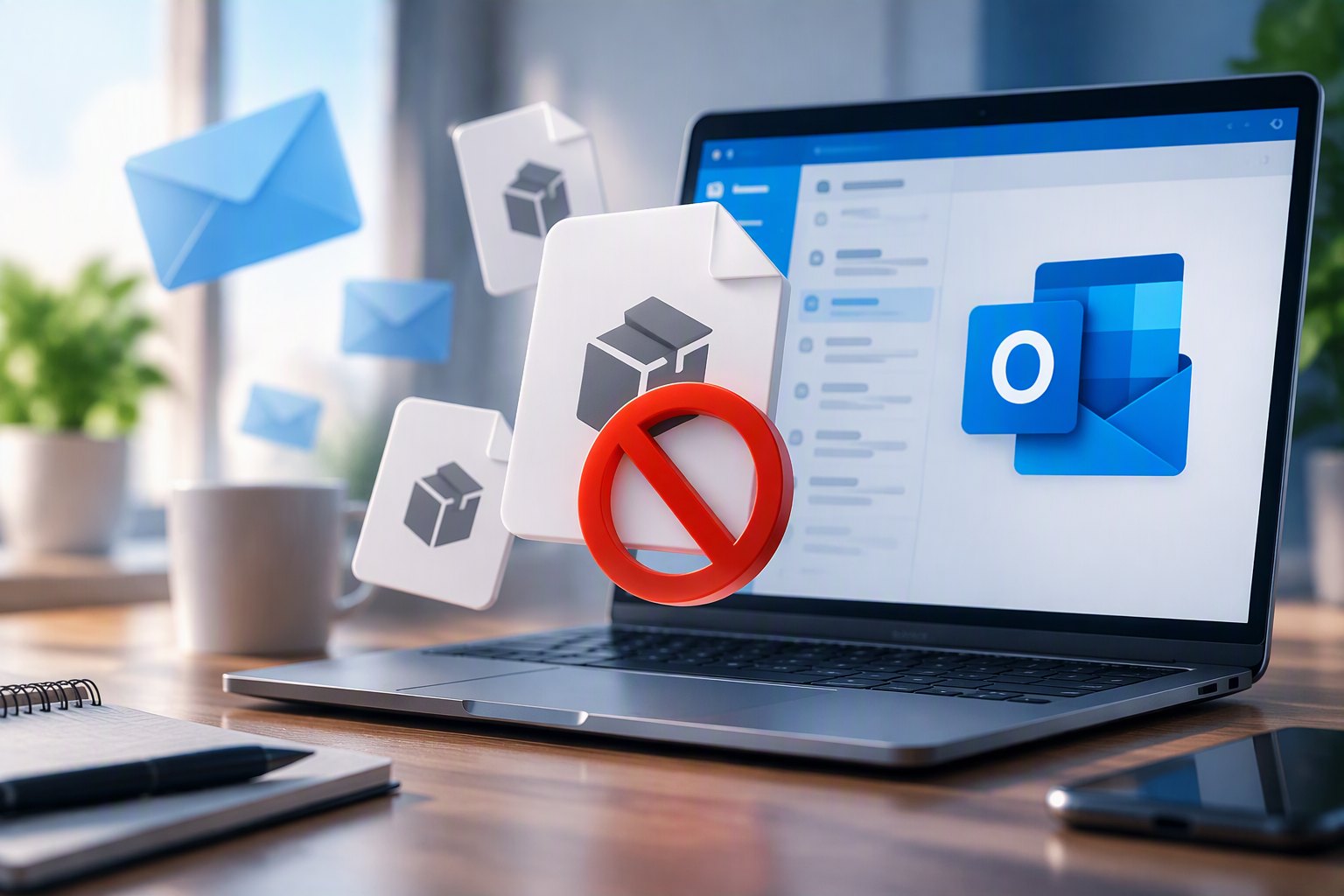 Ordinateur portable affichant Outlook, entouré de fichiers de paquet d’application dont l’un est barré d’un panneau d’interdiction.
