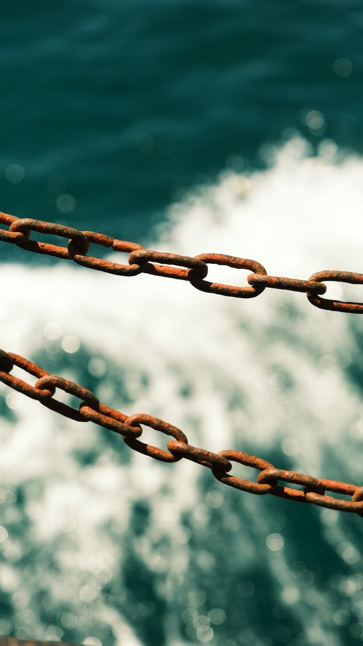 rusty chains with ocean waves background